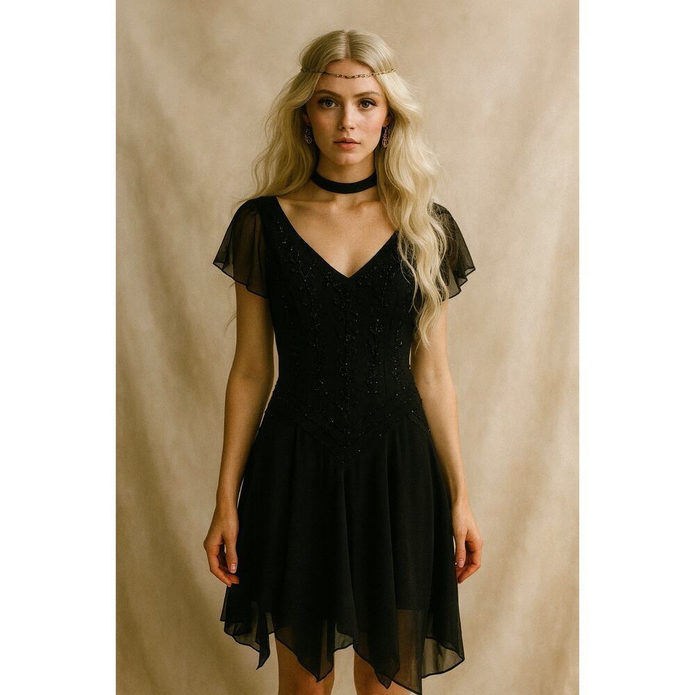 Vintage Y2K Womens Whimsigoth Dark Fairy Black Beaded Handkerchief Hem Midi 6